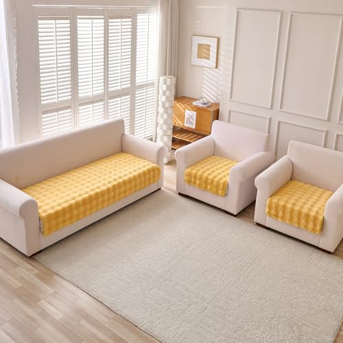 Image of HOKIPO 'FurHug' Luxury Faux Rabbit Fur Sofa Cover Mat 5 Seater (3+1+1), Honey Yellow (AR-5010-5)