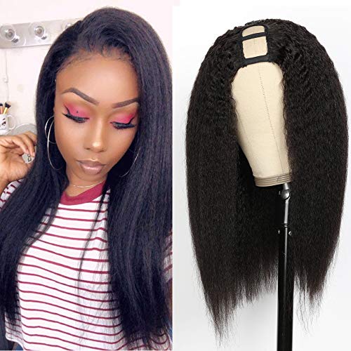 Showjarlly U Part Wig Human Hair Kinky Straight Wigs for Black Women, 12 inch Half Wig 2x4 U Shape Clip in Wigs Remy Human Hair Extension Black Women Italian Yaki 150% High Density