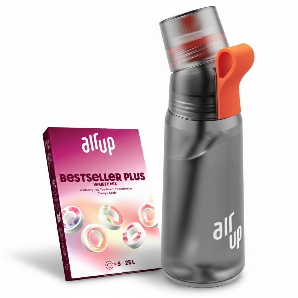 air up® Flasche Twist Pro Starter Set Original, inkl Pods in 5 Geschmacksrichtungen 1l Trinkflasche mit Geschmack, zuckerfrei I auslaufsicher, spülmaschinenfest & BPA frei I in Charcoal Grey