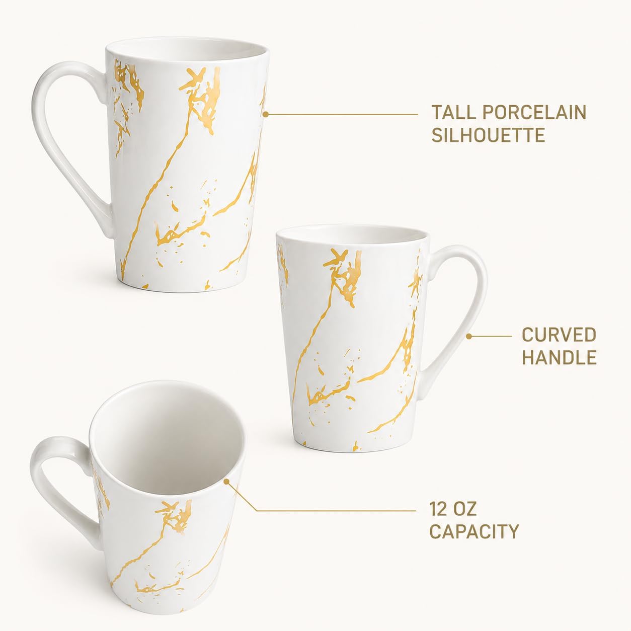 White Gold Marble Coffee Mugs Set of 6, 12 oz Porcelain image 4