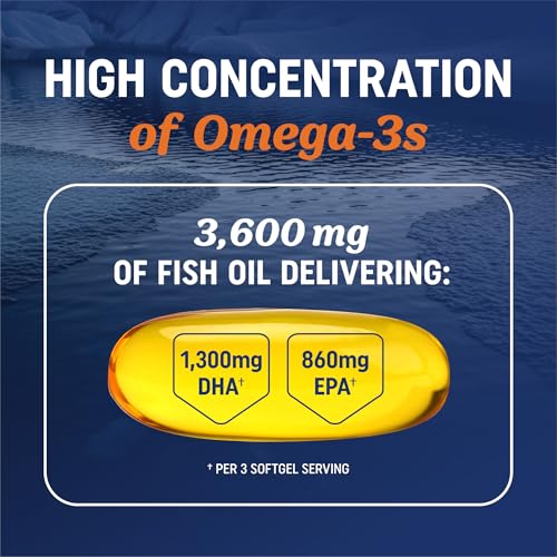 Aceite de pescado Omega 3 de triple fuerza 3600 mg | EPA y DHA | Más de 2100 mg de ácidos grasos omega-3 | 1300 mg EPA + 860 mg DHA | Los mejores ácidos grasos esenciales | Aceite de pescado capturado