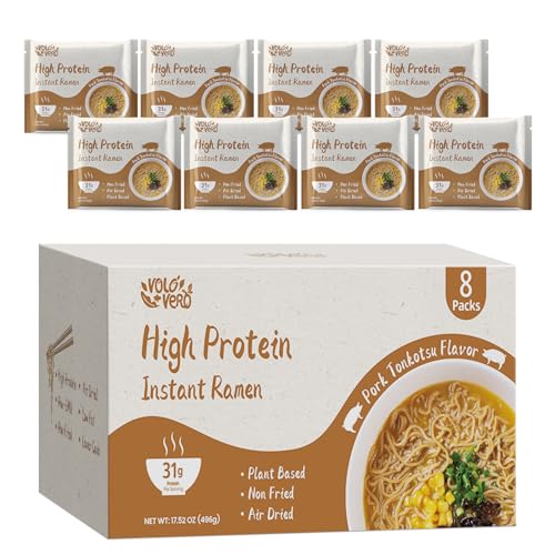 Image of VOLO VERO High Protein (31g) Instant Ramen Pork Tonkotsu Flavor Soup, Plant-Based, Air-Dried, Non-Fried, Low Carb, Egg-Free, Dairy Free Healthy Meal, Ready to Eat, 8 Pack