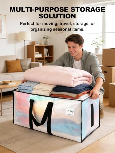 Image of HOMESURE Supports 200lbs Heavy Duty Moving Bags - Strong Zipper & Wrap-Around Handles - Water-Resistant Storage Totes, Durable Alternative to Moving Boxes - 12 Pack - Clear