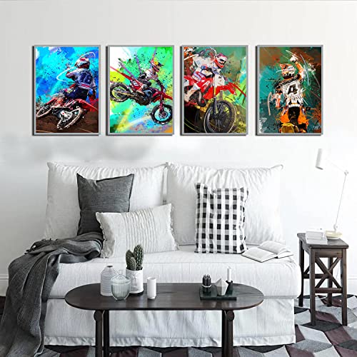 Motorcycle And Racer Poster Wall Art Prints,Watercolor Abstract Motorcycle Racing Racer Art Posters For Men Cave Teen Boys Room Decoration Motorcycle Racing Art Canvas Print Modern Motorcycle Art Gift For Motocross Fans Boys Or Girls Room Decoration,Set Of 4(8"X10" Inches,Unframed). #TOP4