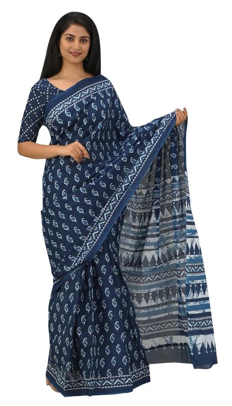 Sari en pur coton pour femmes indiennes imprimé main traditionnel