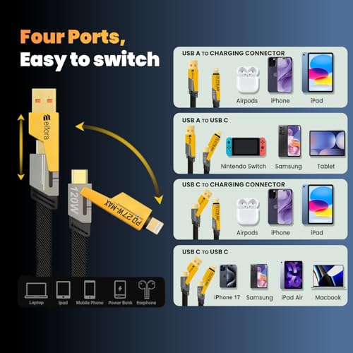 Image of Elfora 120W 4 in 1 Multi Function Braided Fast Charging Cable | Quad 1.5m Rugged Multi Function | Type C to USB A | Type C to Lightning | Compatible with iPhone, Macbook, Samsung, Tablets & More