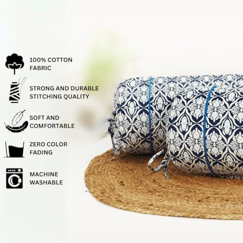 Image of AURAVE Cotton 144 TC Printed Bolster Cover with Drawstring Closure, Set of 2, Soft Breathable Durable Machine Washable for Sofa Bed & Home Decor, 15 inchx30 inch, Blue | Cover Only