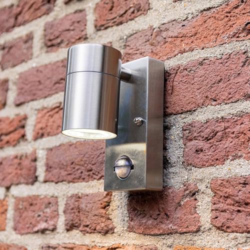 HOFTRONIC - Mason - LED Außenwandleuchte mit Bewegungsmelder und Dämmerungsschalter Edelstahl - GU10 4000K Neutralweiß - Moderne Wandlampe Downlight