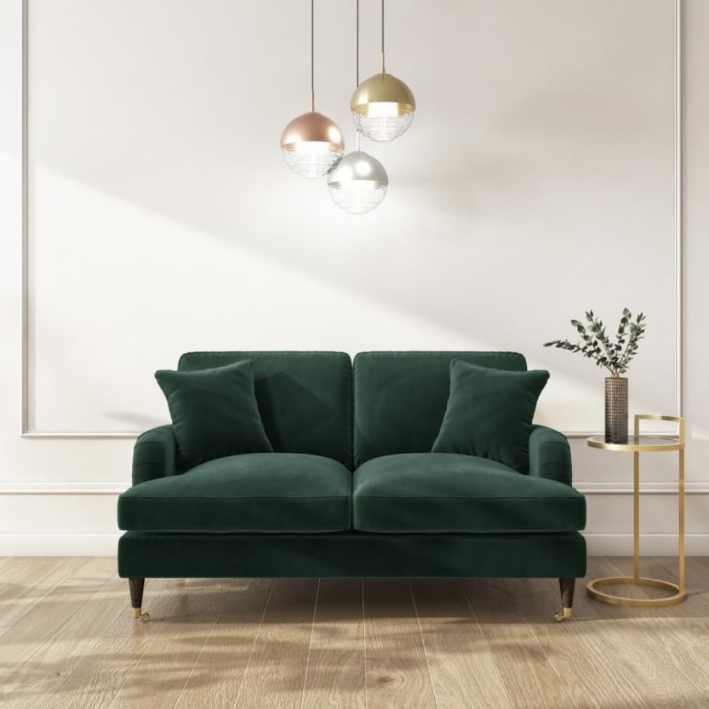 Dark Green Velvet 2 Seater Sofa – Modern Chesterfield Style Couch with Gold Accent Legs for Living Room, Small Space Compact Settee, Emerald Green
