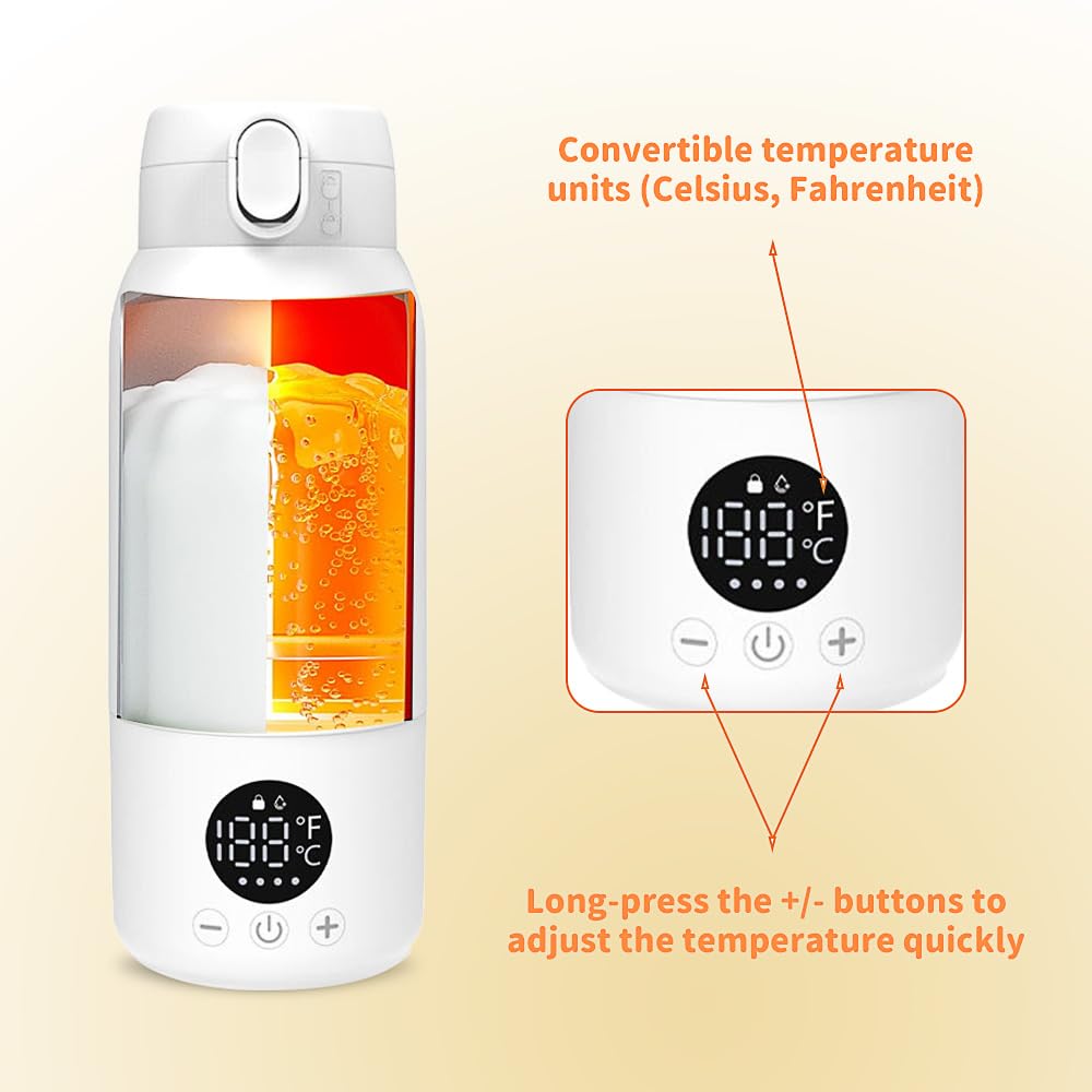 Chauffe-biberon portable de 500 ml - Chauffe-biberon pour bébé en déplacement, chauffe rapidement le lait maternel et l'eau, réglable de 35 à 70 degrés, rechargeable par USB (blanc)