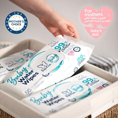Image of PAPILION 99% Water Baby Wipes, Extra Large Diaper Wipes for Sensitive Skin, Fragrance-Free, Dermatologically Tested, Soft & Durable Fabric, Flip-Top Pack, Gentle Cleansing, 50 PCS X 12 Units