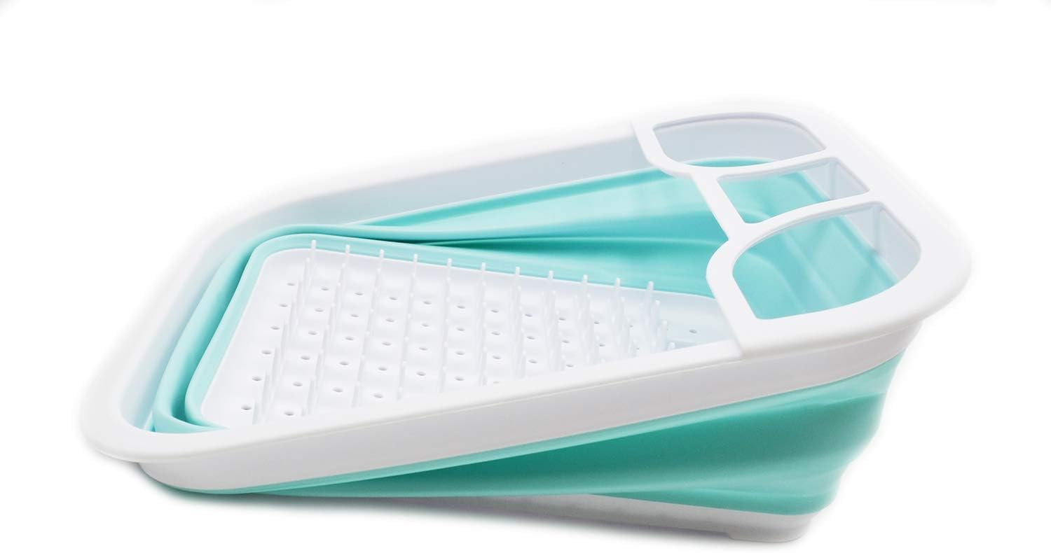 SAMMART Collapsible Dish Drainer - Foldable Drying Rack - Portable Dinnerware Organizer - Space Saving Kitchen Storage Tray (2, Lake Green+Marine Blue)