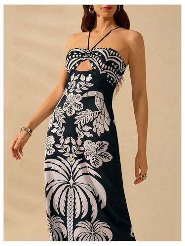 Image of SHENHE Women's Tropical Print Halter Maxi Dress Cutout Tie Backless Split Hem Boho Sundress