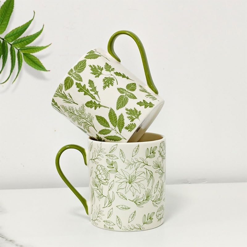 Green Floral Pattern Handled Ceramic Water Cup Breakfast Coffee Milk Cups