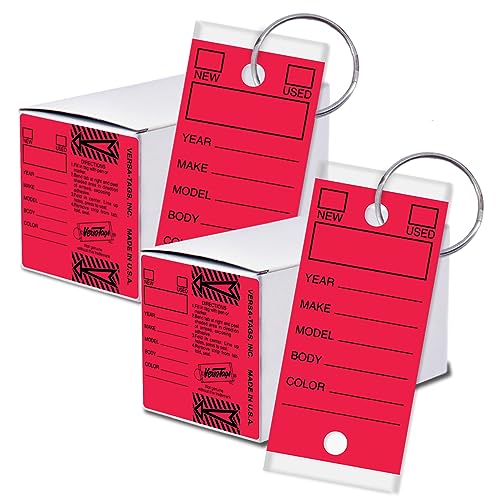 Image of Versa-Tags 500 Key Tags, Self Protecting Poly, 1.25''x3'', Highly Resistant to Abrasion, 500 Key Tag Pack, 500 Chrome Plated Key Tag Rings Included Color Red | Abrasion-resistant red poly key tags with chrome-plated rings for automotive dealerships, and key organization
