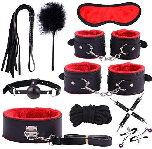 10 PCS PU Leather Kit Alternative Bundled Binding Set Sexy Suit Plush Set Sexy Toy Suit SM Kit for Couple Adult (Red)