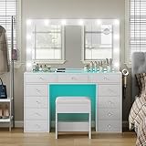 Makeup Vanity Desk with RGB Lights and Large 47.2’’ Mirror, 11 Drawers Makeup Vanity with Lighted Mirror, 3 Color Option, Brightness Adjustable, Make Up Vanity with Charging Station Woman, White
