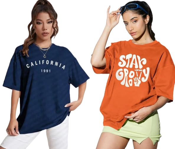 Image of DIAZ Women's Cottonblend Half Sleeve Oversized Drop Shoulder T-Shirt-Pack of 2