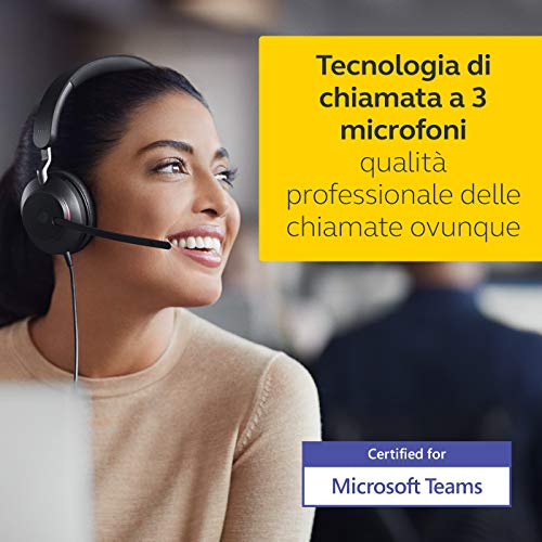 Jabra Evolve2 40 Cuffie Stereo Professionali Certificate Microsoft Teams e con Tecnologia di Chiamata a 3 Microfoni, Cavo con Entrata USB-A, Nero