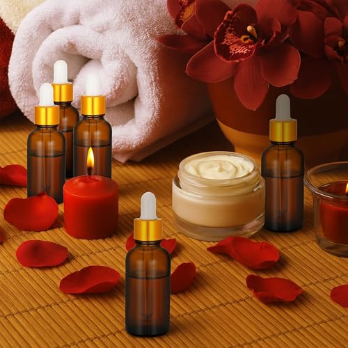 110 Pcs 1 Oz Glass Dropper Bottles with Black Caps for Essential Oils Perfumes Cosmetics and Travel Liquid Storage Featuring Funnels Droppers and Cleaning Brushes (Amber)2