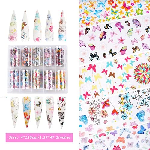 TOBEGLAM Nail Foil Art with Foil Glue Gel Set, with 2x10 Rolls Butterfly Foil Stickers, 2x15ml Transfer Gel for Nail Art Decoration Gel Nail Extensions Pattern DIY Transfer Foil Glue