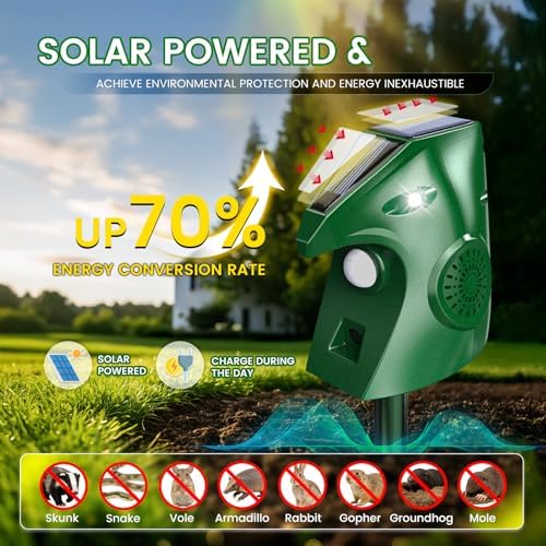 Ultrasonic Animal Repellent Outdoor, Solar Power Cat Rodent Raccoon Repeller, Squirrel Skunk Control Device with Motion Sensor and FIashing Light, Waterproof Rabbt Snake Deterrent for Outdoor - 2