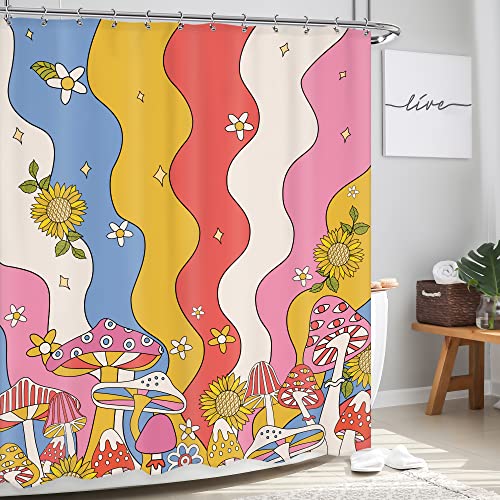 Newsely Retro Boho Floral Shower Curtain 60Wx72H Inch Vintage 70S Mushroom Abstract Colorful Rainbow Waves Shower Curtain Bathroom Set Cute Flower Waterproof Bath Decoration Accessories Home Decor #TOP4