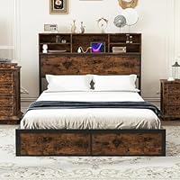 COSTWAY Single/Double/King Size Bed Frame with Charging Station, Storage Headboard and Underbed Space, Industrial Metal Slats Support Platform Bed Base Mattress Foundation (Rustic Brown, 4FT6 Double)