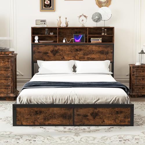 COSTWAY Bett mit Ladestation, 140x200cm, Kopfteil mit Stauraum,...