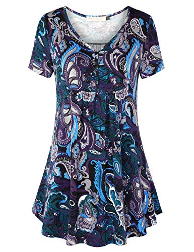Baishenggt Women's V Neck Buttons Pleated Flared Tunic Tops Purple Floral Xxl #TOP4