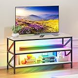 LED TV Stand for 55 Inch TV, Entertainment Center with Music Sync Color Changing Lights, Entryway Console Table with Charging Station Modern TV Cabinet with Open Storage Shelves for Living Room, Grey