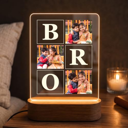 Image of Giftplease Personalized BRO LED Acrylic Night Light - Custom Photo Lamp with Wooden Base, Engraved Picture Frame Light, Unique Birthday, Rakhi, and Graduation Gifts for Brother from Sister or Brother