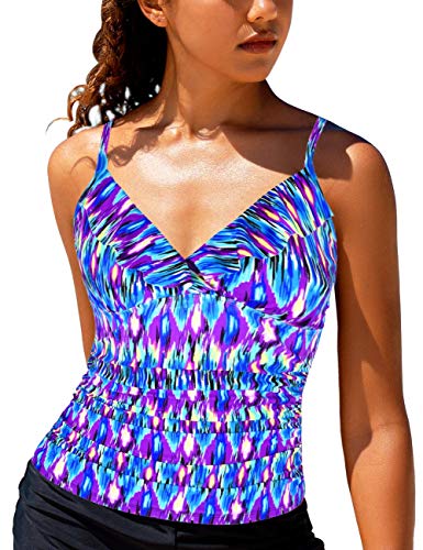 Hilor Women's Tankini Top Shirred Ruffled Swimsuits V Neck Swimwear Top Blue Pop Pattern 16 #TOP1