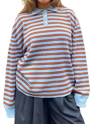 Kouoybt Womens Striped Long Sleeve Tops Oversized Button-Down Polo Shirt Vintage Collared Sweatshirt (A-Blue, M)
