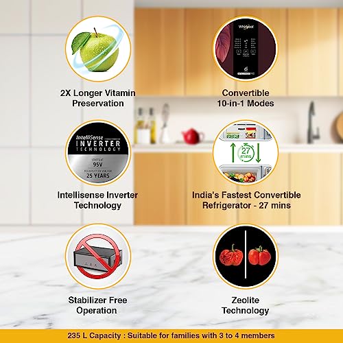 Image of Whirlpool 235L 2 Star IntelliFresh Convertible Inverter Frost-Free Double Door Refrigerator Appliance (IFPRO INV CNV 278 Wine Luxuria(2S)-TL)