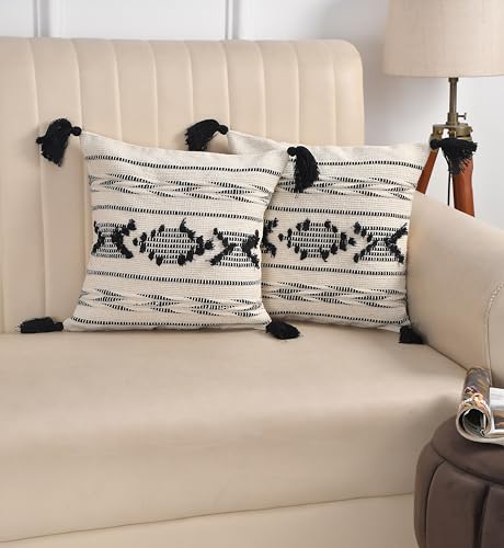Image of TIB Premium Boho Decorative Throw Cushion Covers, 16 x 16 cm, Set of 2, Cotton. (Zig Zag White)-230 TC