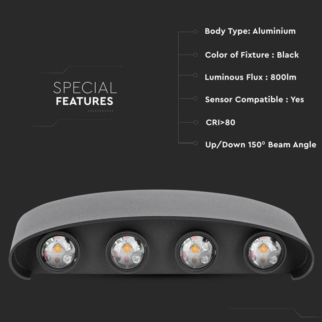 LEDLUX LD8619 Applique Led Da Parete 8W 8X1W Carcassa NERA Doppio Illuminazione Up-Down e Indiretto Con Angolo Luce 150 Gradi IP54 Interno Esterno (Bianco Caldo 3000K) (Bianco Neutro 4000K)
