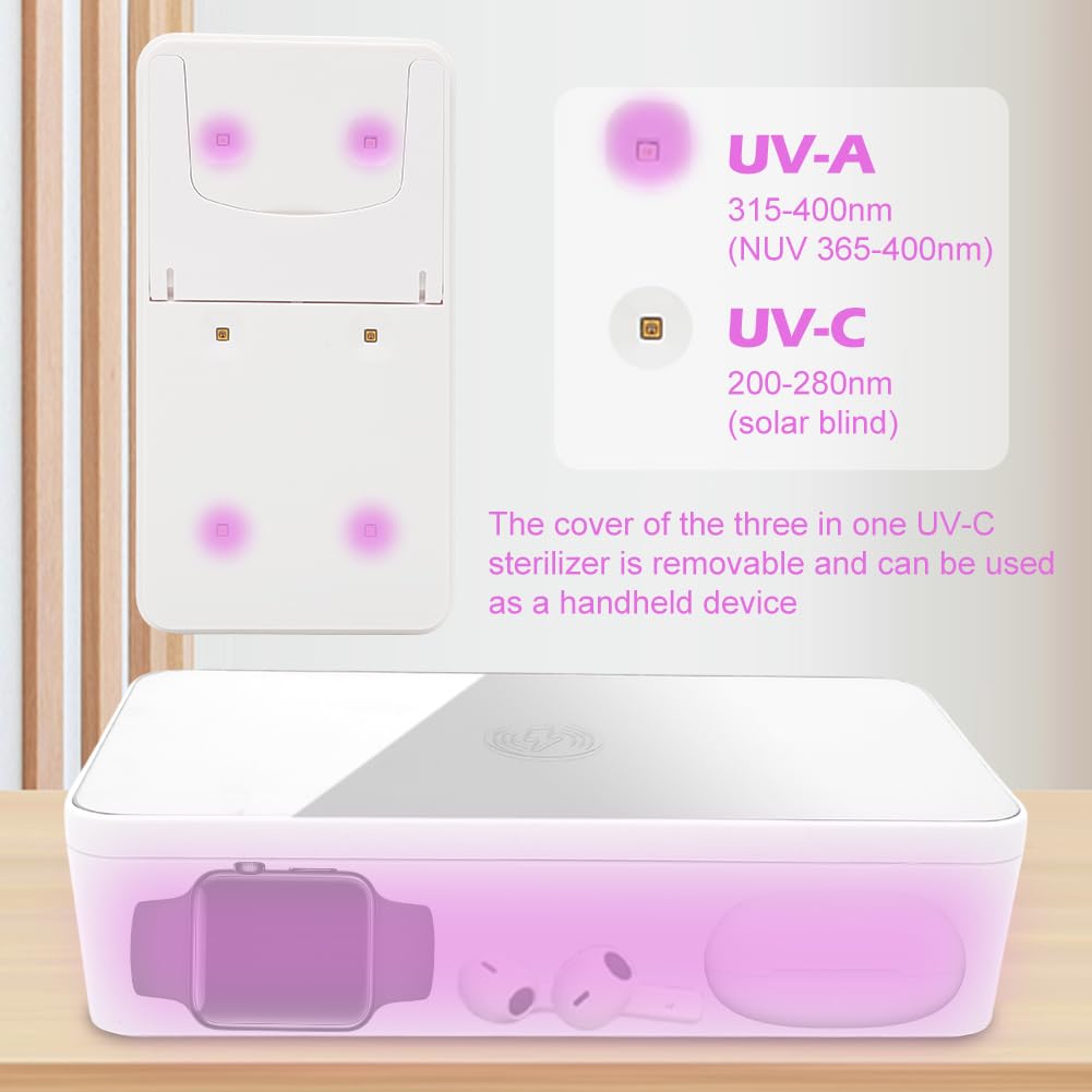 Appareil de désinfection UV pour téléphone portable, sans fil, rechargeable, avec station de charge à induction QI pour tous les types de téléphones portables, lunettes, bijoux et masques