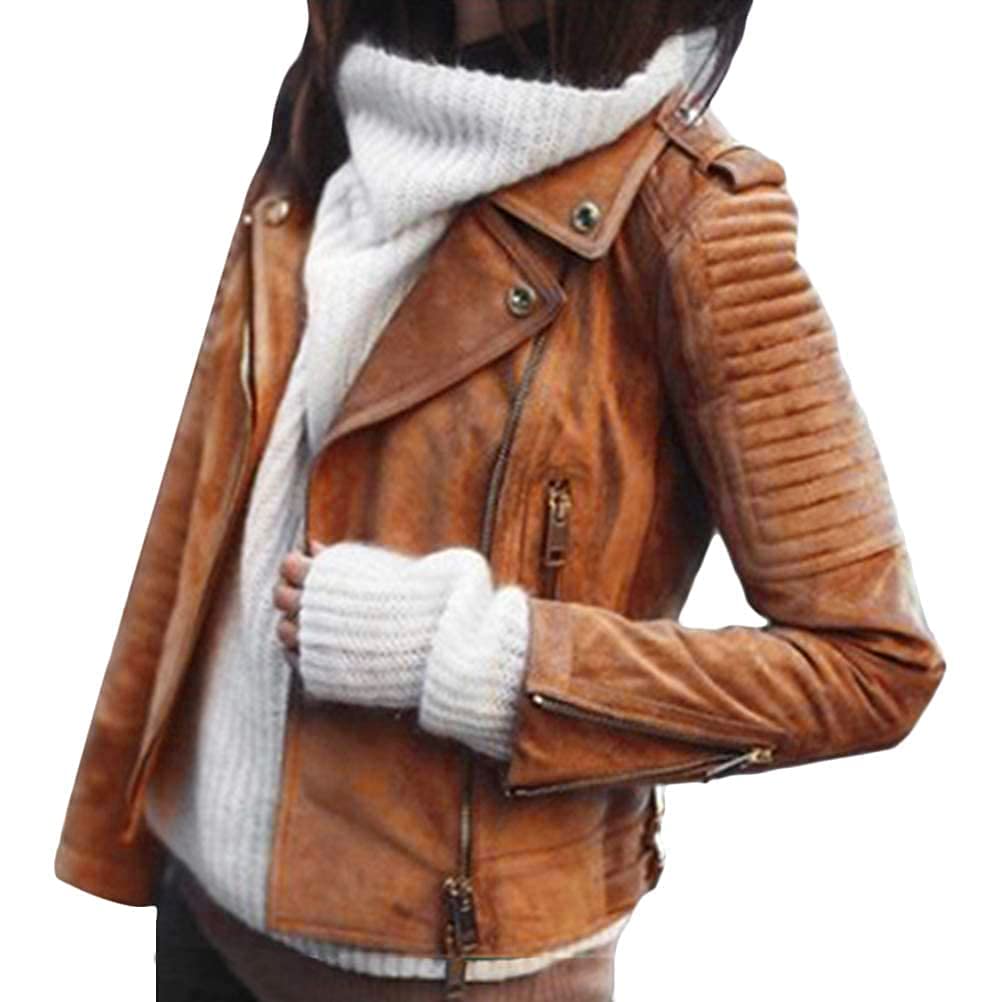 ORANDESIGNE Damen Mode Lederjacke Kunstleder Reißverschluss Langarm Moto Biker Kurzmantel Bikerjacke Biker Outwear Jacke