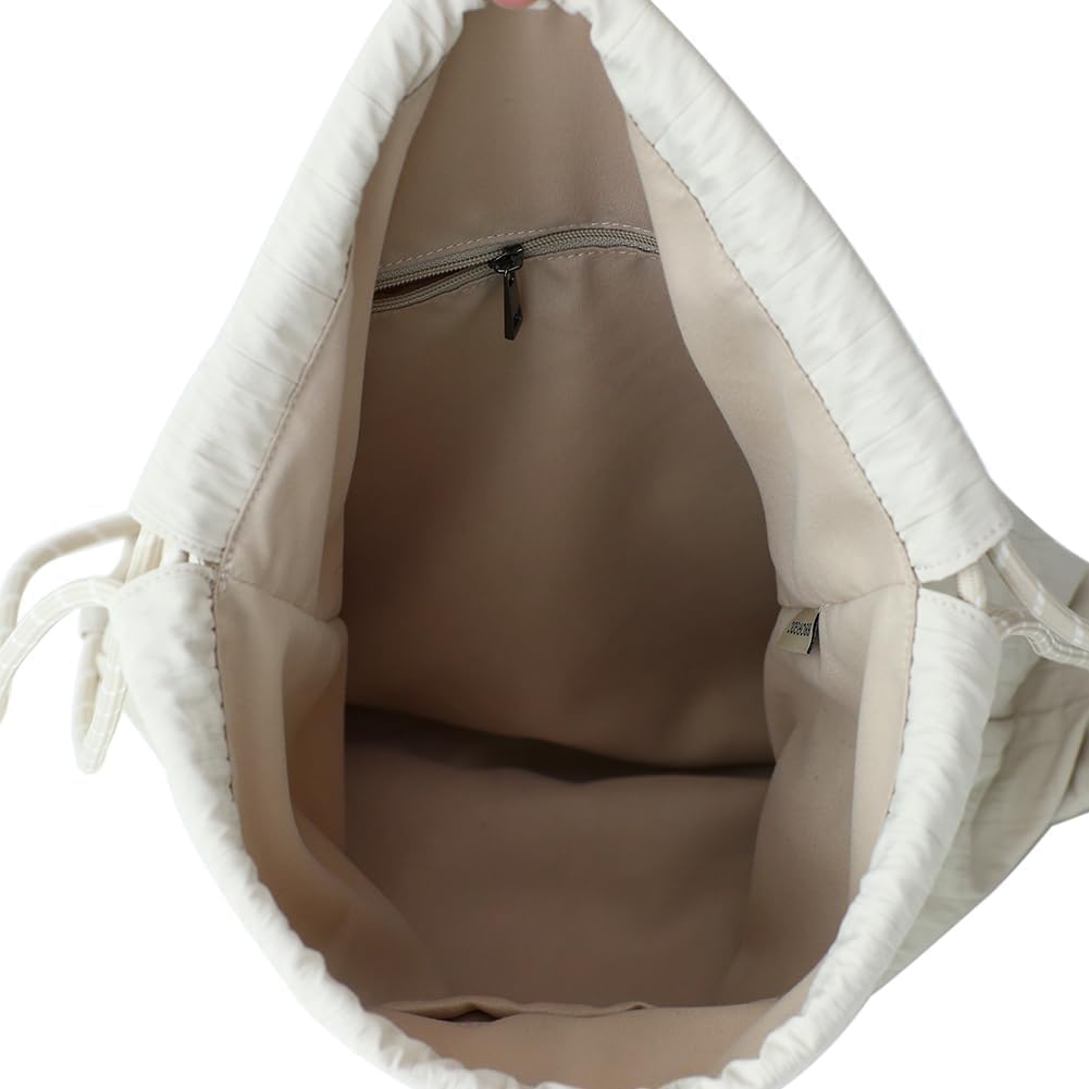 Beige Plaid Drawstring Backpack - Lightweight Cinch Sackpack for Women, Boho Original Design, Perfect for Gym, Travel, Beach & Outdoor Sports