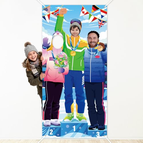 DPKOW Médaille Podium Athlètes Bannière pour Sports d'Hiver Fête Jeux Accessoires, Sportif Athlètes Visage Photobooth Bannière pour Sports d'Hiver Fête...