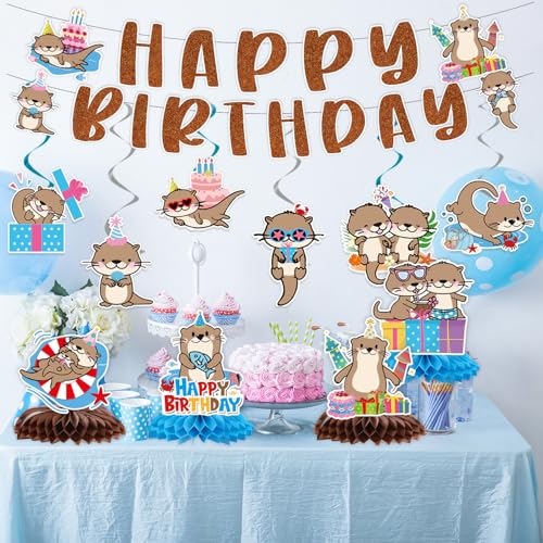 Image of Otter Birthday Party Decorations - 12PCS Sea Otter Party Decorations Happy Birthday Banners Hanging Swirls Honeycomb Centerpieces Under the Sea Ocean Animal Themed Supplies Decor