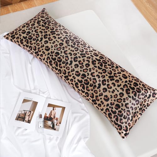Image of MR&HM Satin Body Pillow Cover, Soft and Breathable Body Pillow Case with Envelope Closure, Cooling and Silky Long Pillowcase for Hair and Skin,Grey (20x54, Brown Leopard)