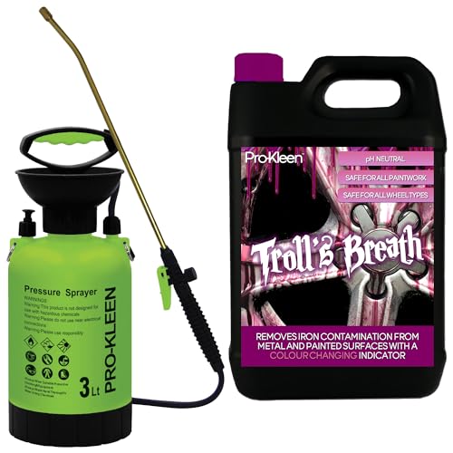 Pro-Kleen Troll’s Breath Iron Fallout Contamination Remover – Safe to use on all Wheel Types, Paintwork, Glass & Metal - pH Neutral with Colour Indicator with 3L Garden Pump Sprayer