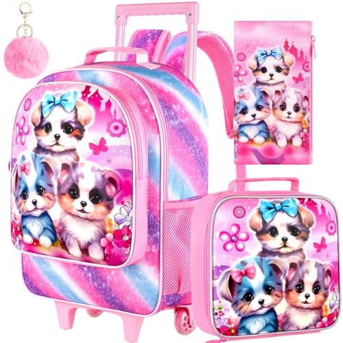 AGSDON 3PCS Rolling Backpack for Girls, Kids Roller Wheels Bookbag, Wheeled Elementary School Bag with Lunch Bag - Dog