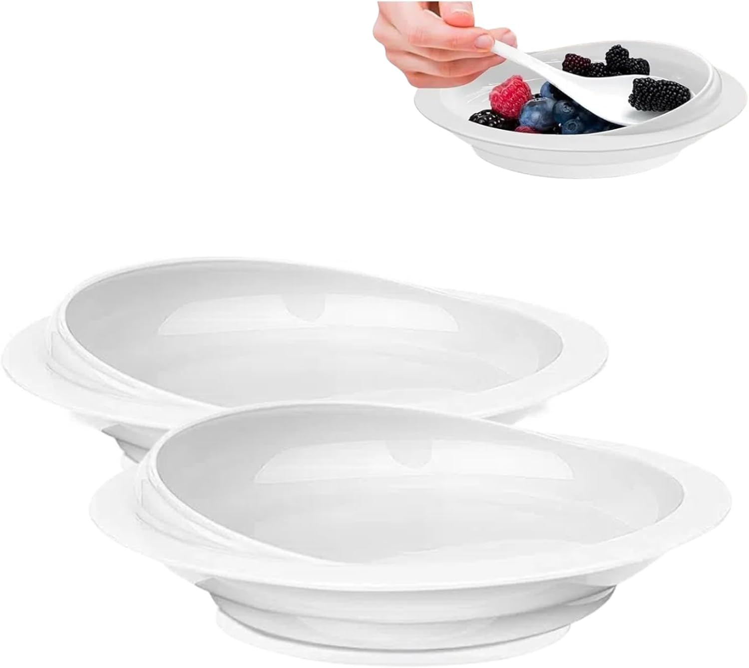 Spill Proof Scoop Plate with Non-Skid Suction Base, Adaptive Dinnerware, Suitable for the elderly, Patients with Parkinson's Disease, Hand Injuries, etc.White(Two plates)