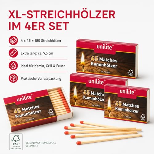 jameitop® XL Streichhölzer 4 Schachteln Feuer/Holz Zündholzschachtel Zündhölzer 180 Stück Sicherheitszündhölzer, 95mm