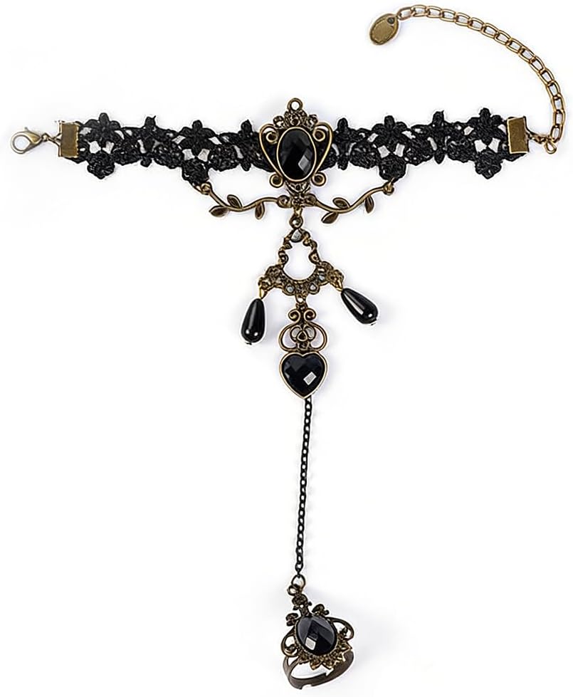 Missgrace Women Vintage Gothic Black Lace Bracelet with Ring Bangle Bracelet Metal Crystal Charm Steampunk Lace Black Chain Tassel Bracelet Rings for Women