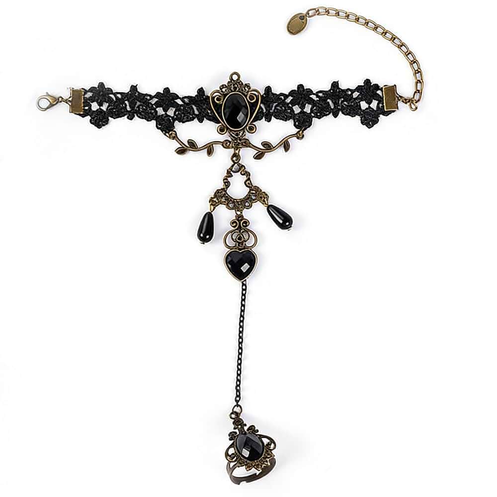 Missgrace Women Vintage Gothic Black Lace Bracelet with Ring Bangle Bracelet Metal Crystal Charm Steampunk Lace Black Chain Tassel Bracelet Rings for Women Adult