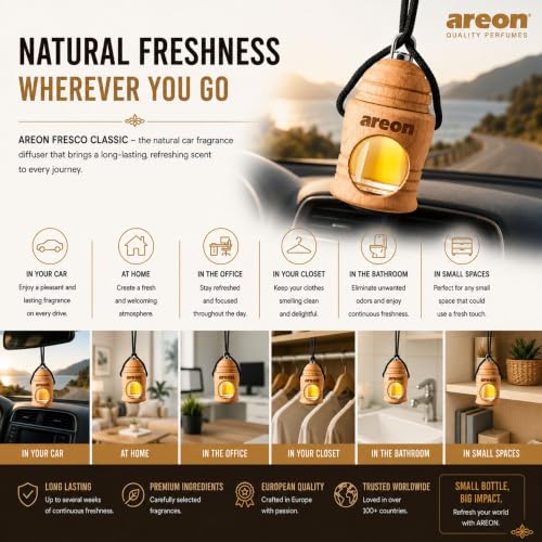 Image of AREON Fresco Premium Hanging Car Air Freshener, Black Crystal, Pack of 1 | Premium Wooden Hanging Car Air Freshener with an Elegant, Compact Design. Suitable for Use in Cars, Suvs, Vans, and Trucks.